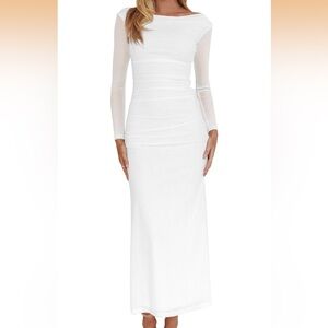 Bodycon ruched mesh long sleeve midi dress